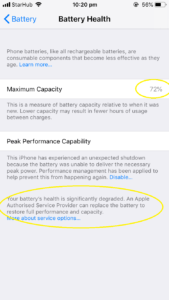 iPhone Battery health check below 80%. It is due for a phone battery replacement immediately